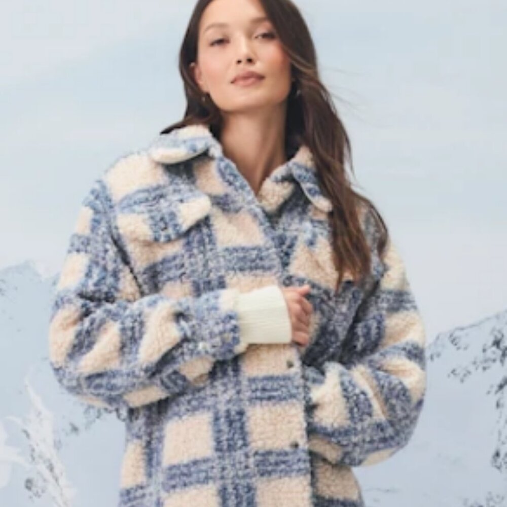 Lulus Winter Winds Blue Plaid Teddy Shearling Jacket Small - Picture 3 of 11